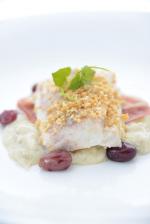 <br />Steamed sea bass with puffed quinoa, pine nuts and jamon