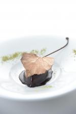 <br />Mediterranean cake of almond sponge and chocolate mousse topped with chocolate leaf