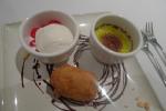 <br />Sweet Platter: Pink diamond with coconut ice cream, pandan creme brulee, and fried banana with chocolate sauce