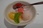 <br />Amuse Bouche: Blow-torched tropical fruit cubes with lemongrass jelly
