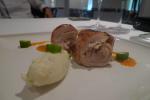 <br />Chicken thigh confit served with okra, cilantro-whipped potato and yellow curry coulis