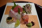 <br />Sashimi Platter: Semi tuna belly, marlin, striped horse mackerel, flounder roll with onion sprout, sweet shrimp, and ark shell