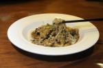 <br />Stewed Yang Chun noodles with minced meat and wild mushrooms in black truffle paste